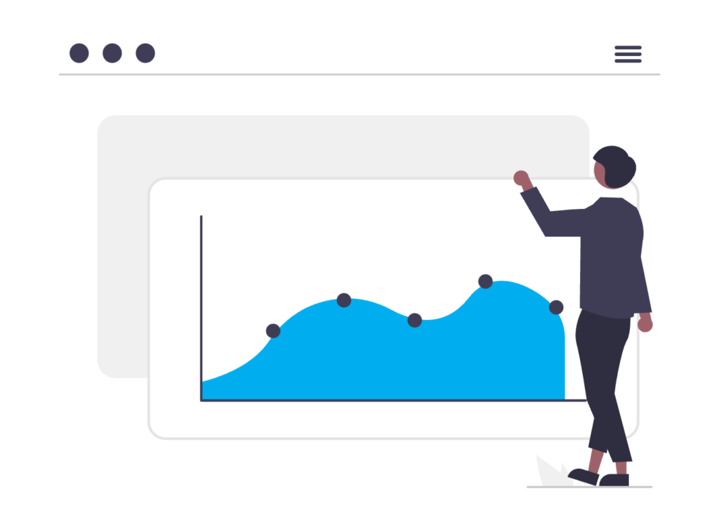 An illustration of a person standing next to a web analytics window.