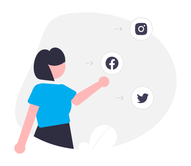 An illustration of a person standing next to some social media icons.