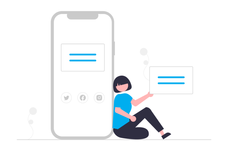 An illustration of a person sitting next to a big phone.