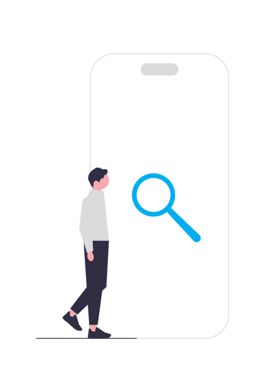 An illustration of a person standing next to a big phone.