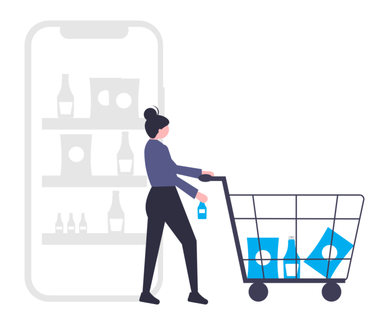 An illustration of a woman with a shopping cart in front of a large smartphone