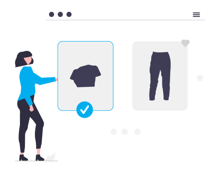 An illustration of a person choosing between a shirt and pants in an online shop.