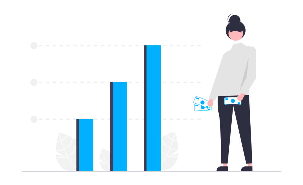 Illustration of person with money standing to a bar graph.