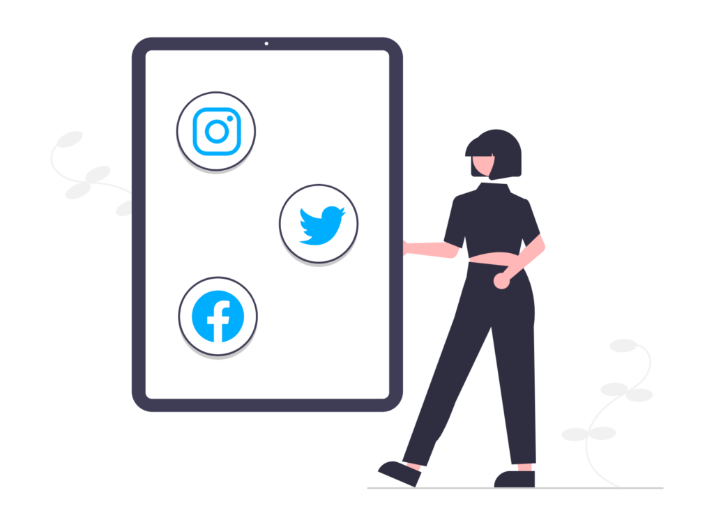 Illustration of person next to iPad with social media icons on it.