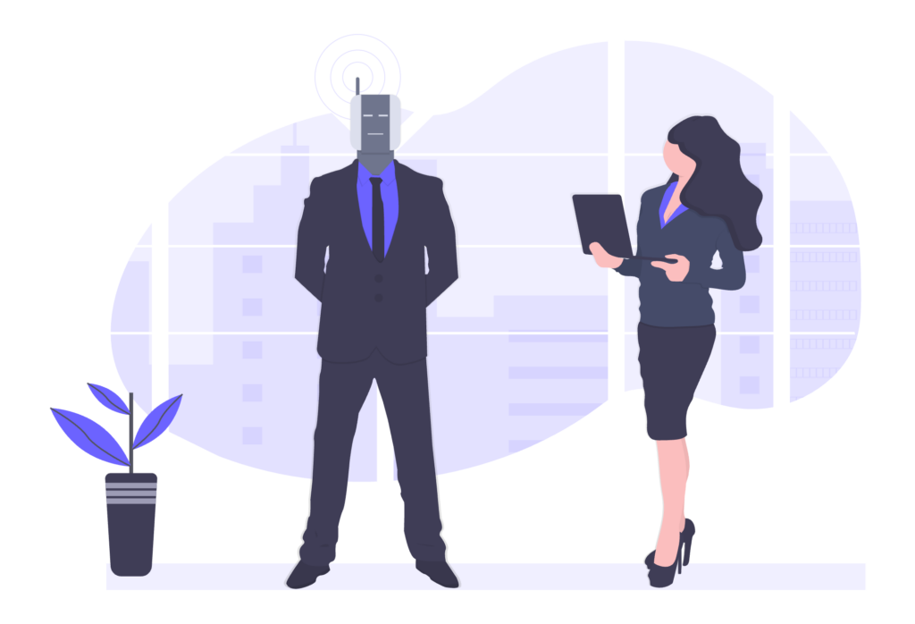 Illustration of a person standing next to a robot