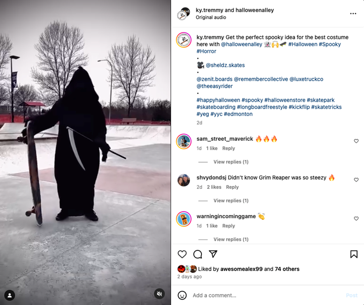 A screenshot of an Instagram post of a dressed up as death in a skate park.