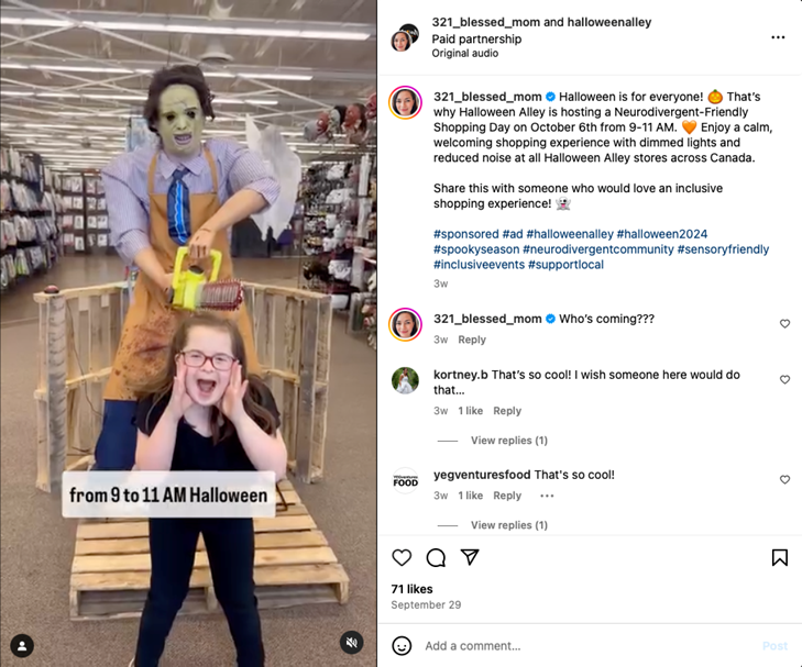 A screenshot from an Instagram post with a kid screaming in front of a scary mannequin.