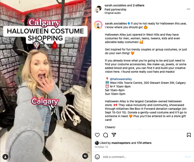 A screenshot of an Instagram post of a person in a Halloween Alley store.