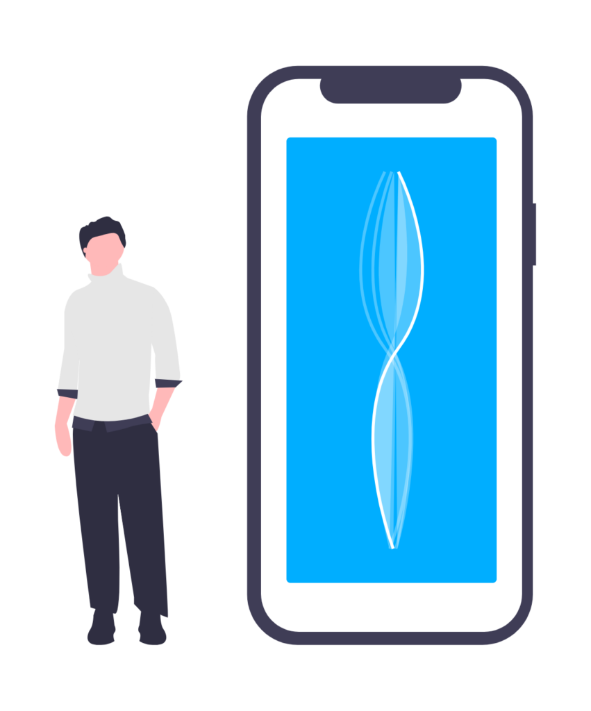 Illustration of person standing next to phone with a voice interface.