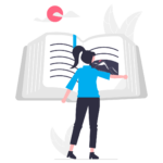 An illustration of a person flipping through a giant book.