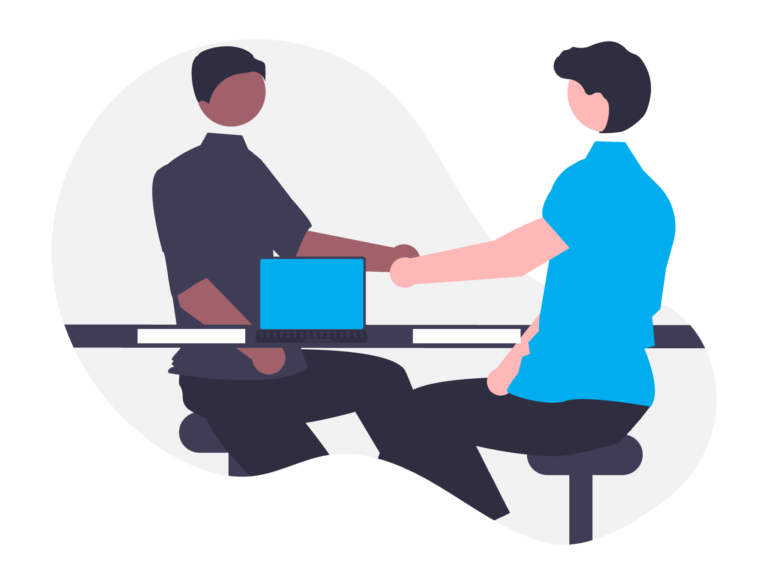 An illustration of two people shaking hands sitting at a table.