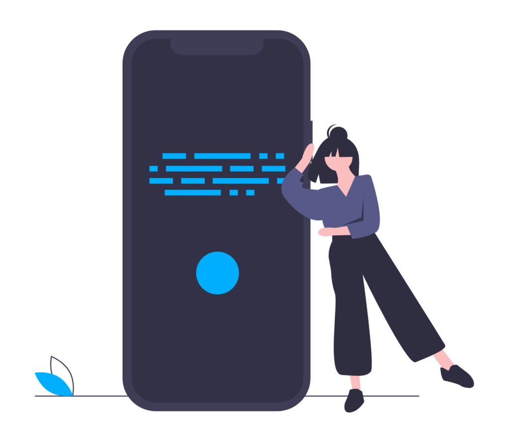 Illustration of person next to phone with some kind of chat interface.